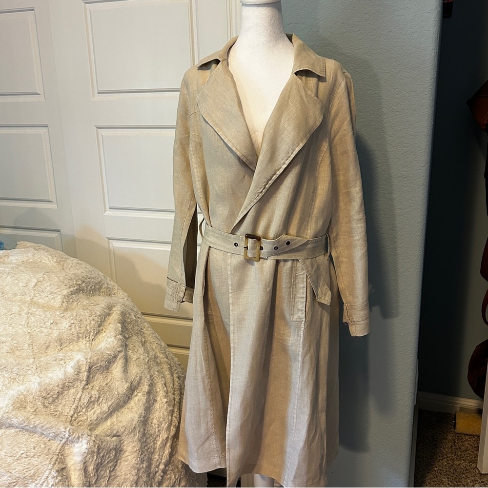 HALSTON 100% Linen Light Beige Khaki Belted Trench Coat Size M